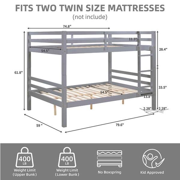dimension image slide 3 of 4, Full over Full Wooden Bunk Bed, High Guardrail,Ladder, No Box Spring