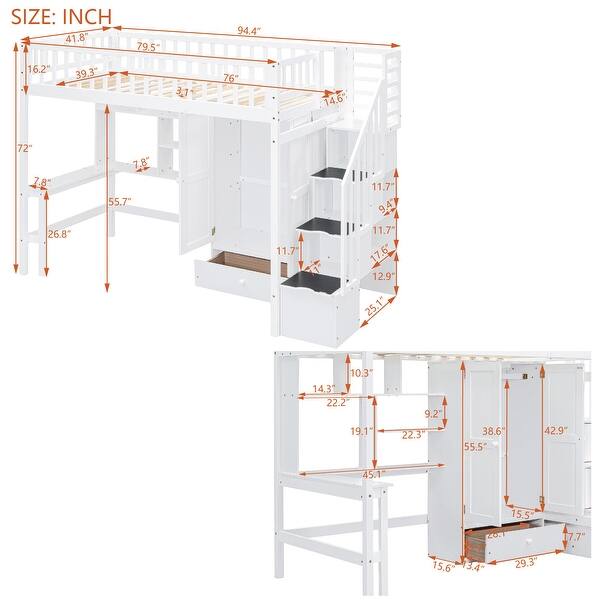 Twin Size Loft Bed With Bookshelf and Wardrobe for Storage