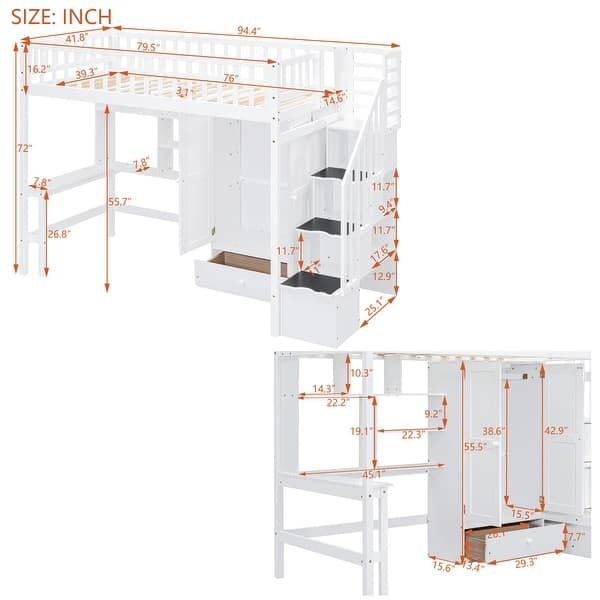 Twin Size Loft Bed with Storage Stairs, Desk and Wardrobe， Combination Wood Children's Bed Frame with Bookshelf, Drawers