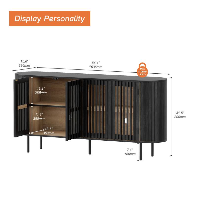 WAMPAT 66" Sideboard Buffet Cabinet, Fluted Accent Storage Cabinet
