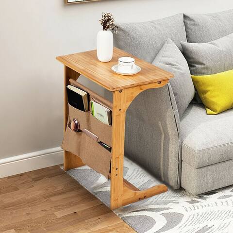 Bamboo Sofa Table End Table Bedside Table with Storage Bag - Natural - 19.5" x 14" x 24.5" (L x W x H)
