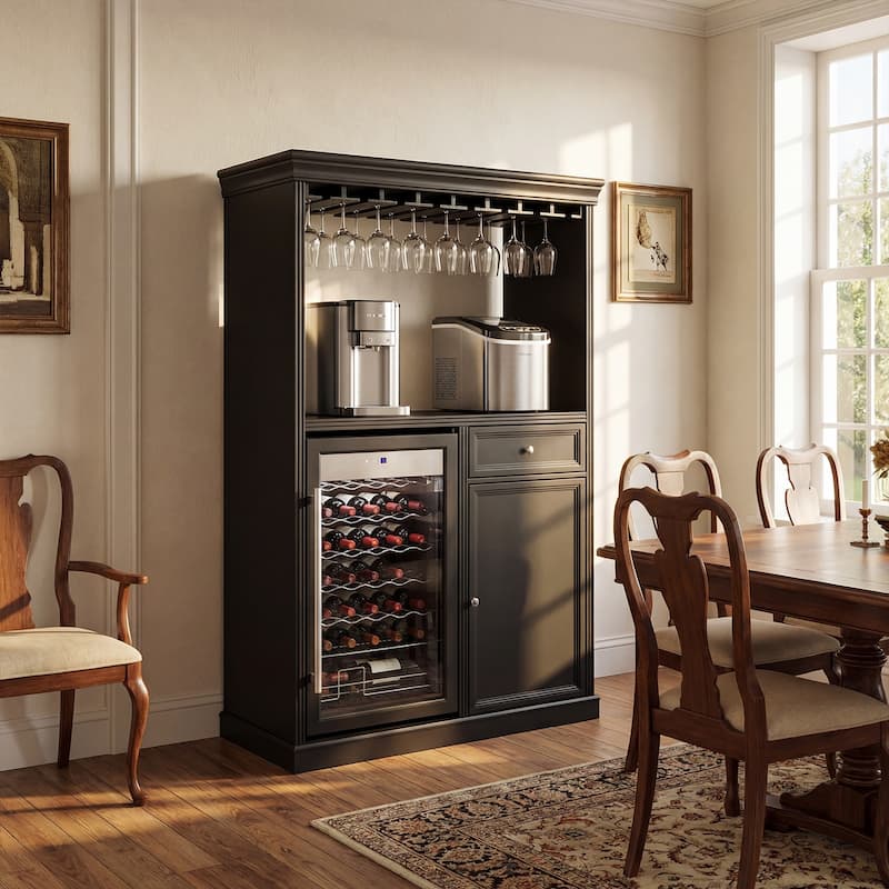 Wine Bar Cabinet with Mini Fridge Space & 34 Bottle Wine Cooler, 39" Coffee Bar Cabinet Freestanding Buffet Sideboard