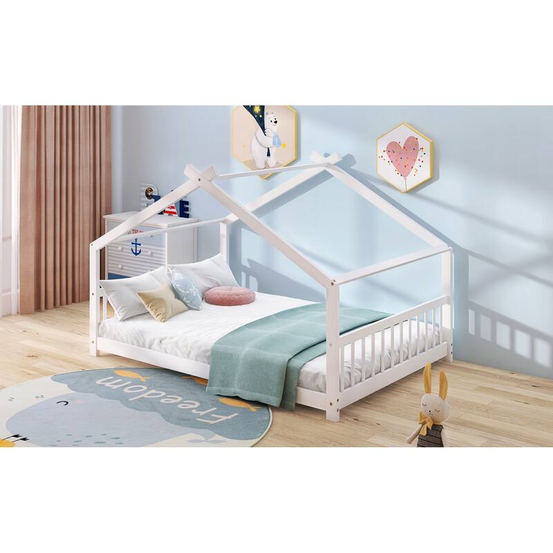 Full Size House Bed with Roof and Sturdy Pinewood Frame, No Box Spring Needed