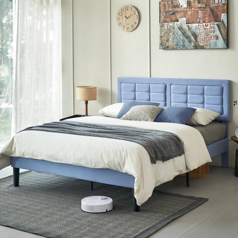 VECELO Bed Frame with Adjustable Headboard Upholstered Button Tufted Platform Bedframe with Wood Slats Support - Light Blue - Queen