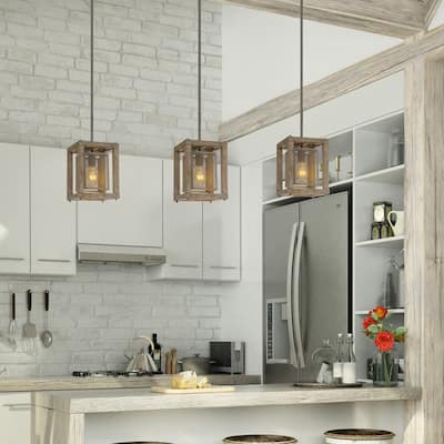 Farmhouse Square Wood 1-Light Pendant Light for Kitchen Island Dining Room - L8"xW8"xH10.5"