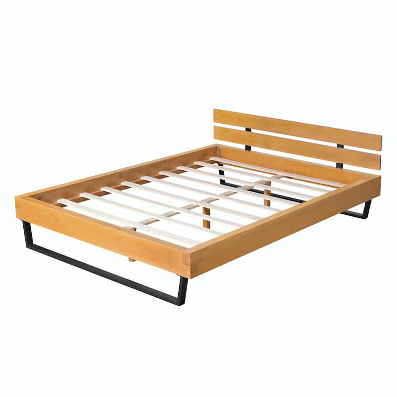 Pine Wood Bed Frame, Natural & Black Color