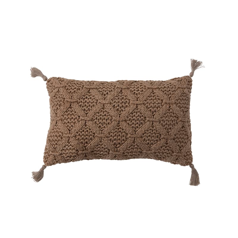 Cotton Slub Lumbar Pillow with Diamond Weave and Tassels - 20.0"L x 12.0"W x 2.0"H - Tan