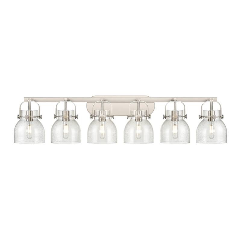 Innovations Lighting Pilaster II Bell - 6 Light 46" Wall-Mounted Bath Vanity Light - Satin Nickel/Seedy