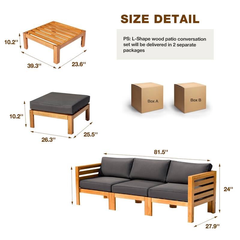 EROMMY Wood Patio Conversation Set with Coffee Table and Soft Cushions, Outdoor Sofa Set for Garden, Backyard