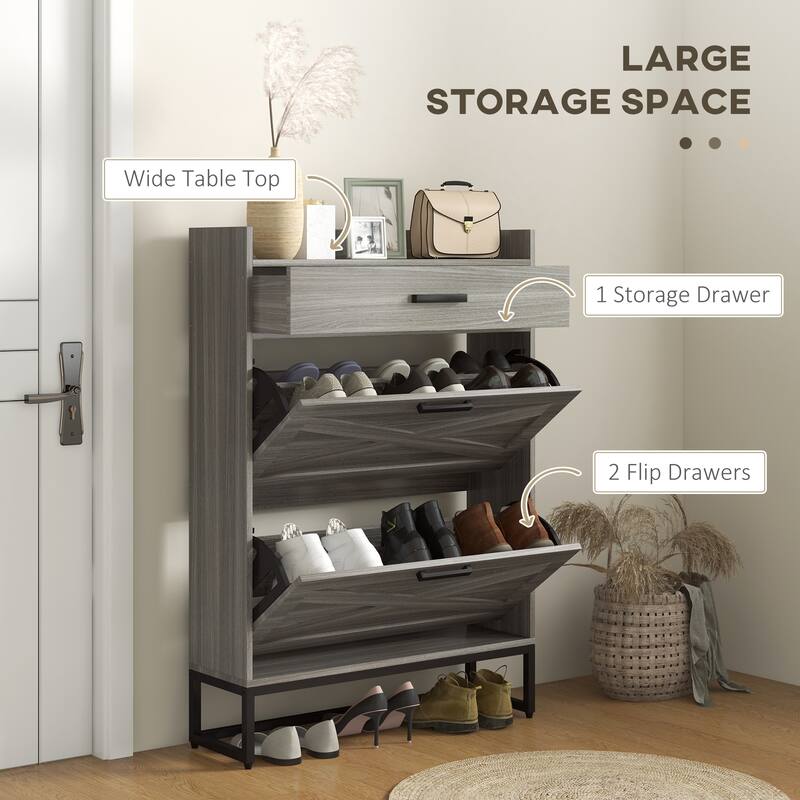 HOMCOM 2 Flip Drawers Shoe Storage Cabinet with Adjustable Shelves, and Top Drawer