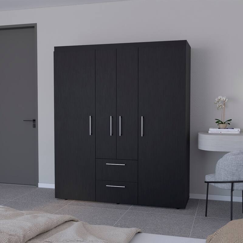 19.8" Modern Four-door Armoire with Hanging Rod, Two Spacious Drawers and Three Shelves