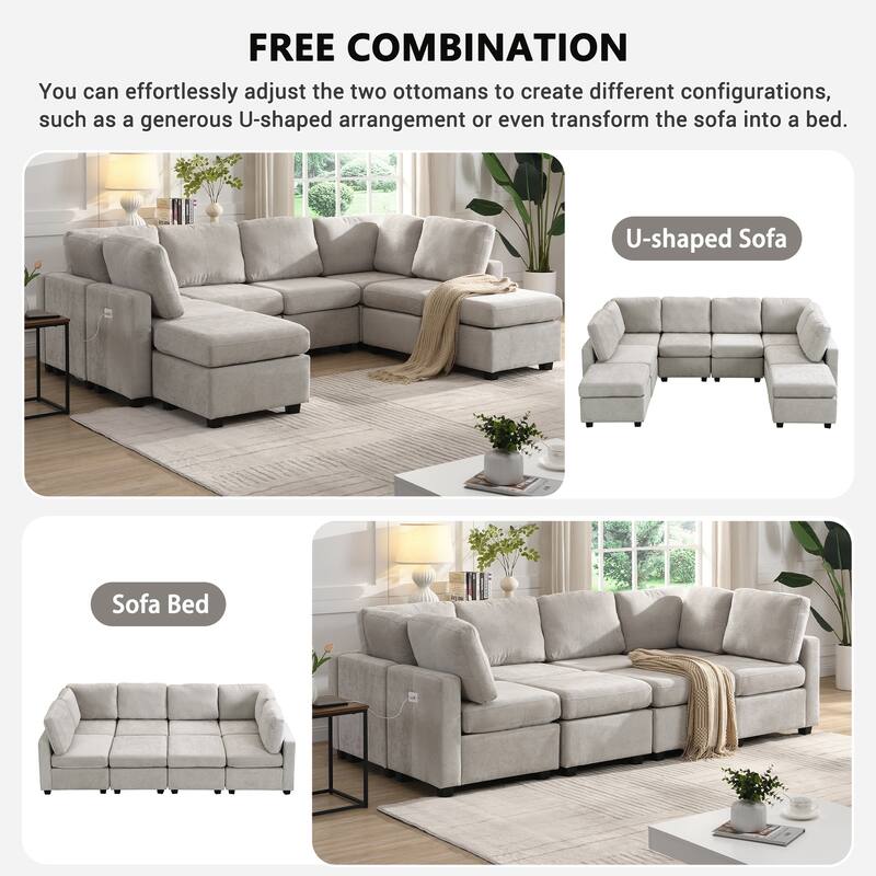 Living Room Chenille U-shaped Sectional Sofa, Pull out Sofa Bed with 2 USB Ports, 3 Back Pillows and Storage Chaise