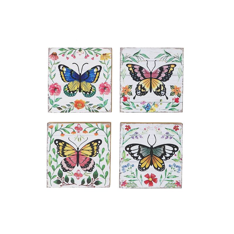 IH Casa Decor Square Wood Blocks Butterfly Asstd - Set of 4