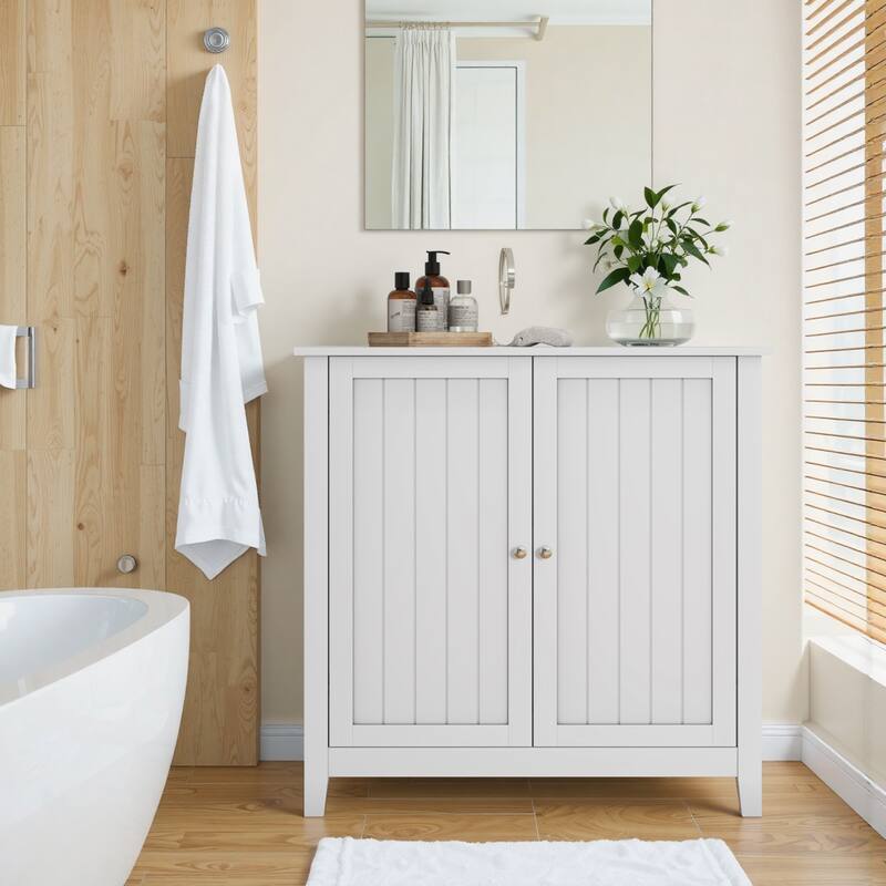 Mid-Century Modern Freestanding White Double Door Storage Cabinet