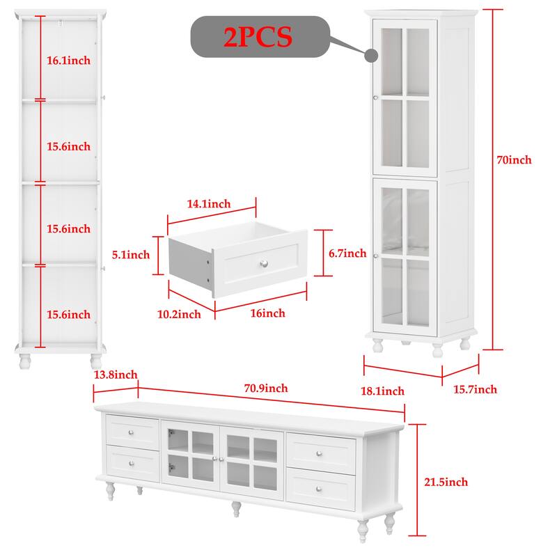 Cabinet Set with Tempered GlassStorage & TV Stand Combo Organization - SideCabinet+TVStand