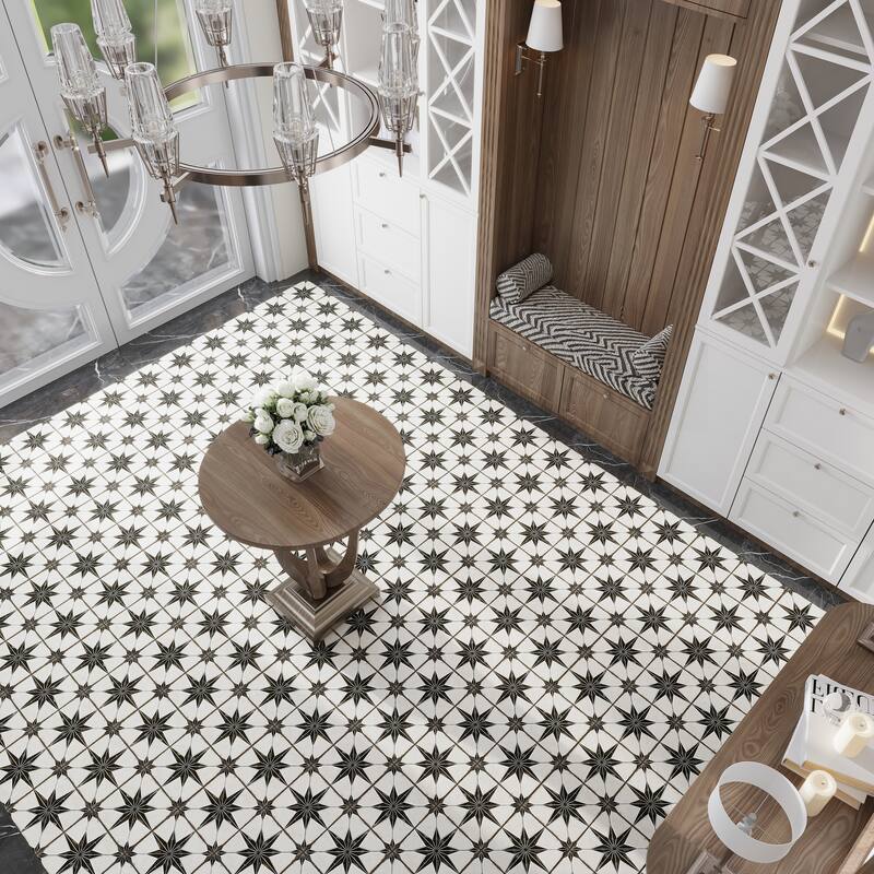 Palmera 9x9 Black White Porcelain Star Square Wall and Floor Tile (6.96 sq ft/case) - 13 Pack