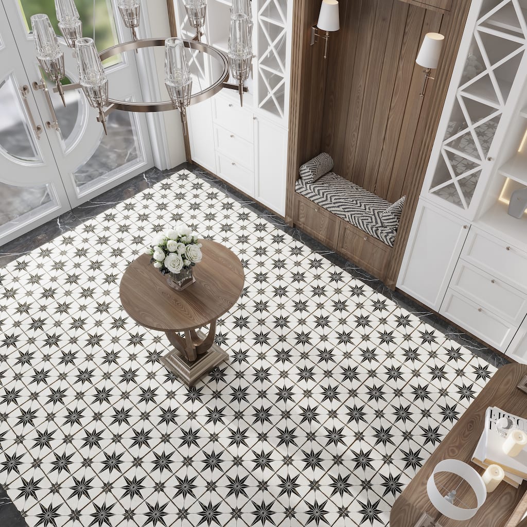 Palmera 9x9 Black White Porcelain Star Square Wall and Floor Tile (6.96 sq ft/case) - 13 Pack