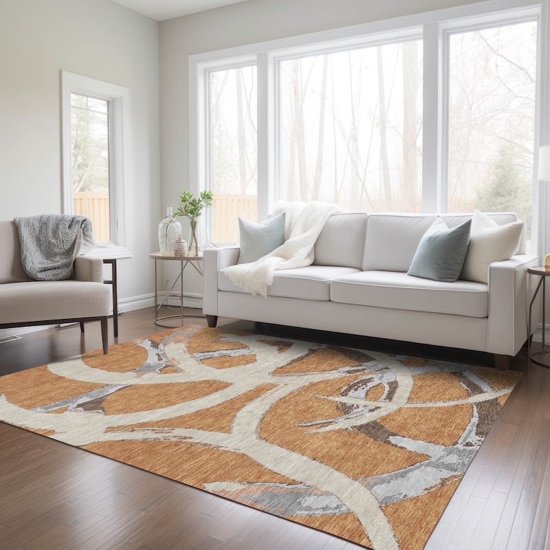 Machine Washable Indoor/ Outdoor Abstract Contemporary Chantille Rug