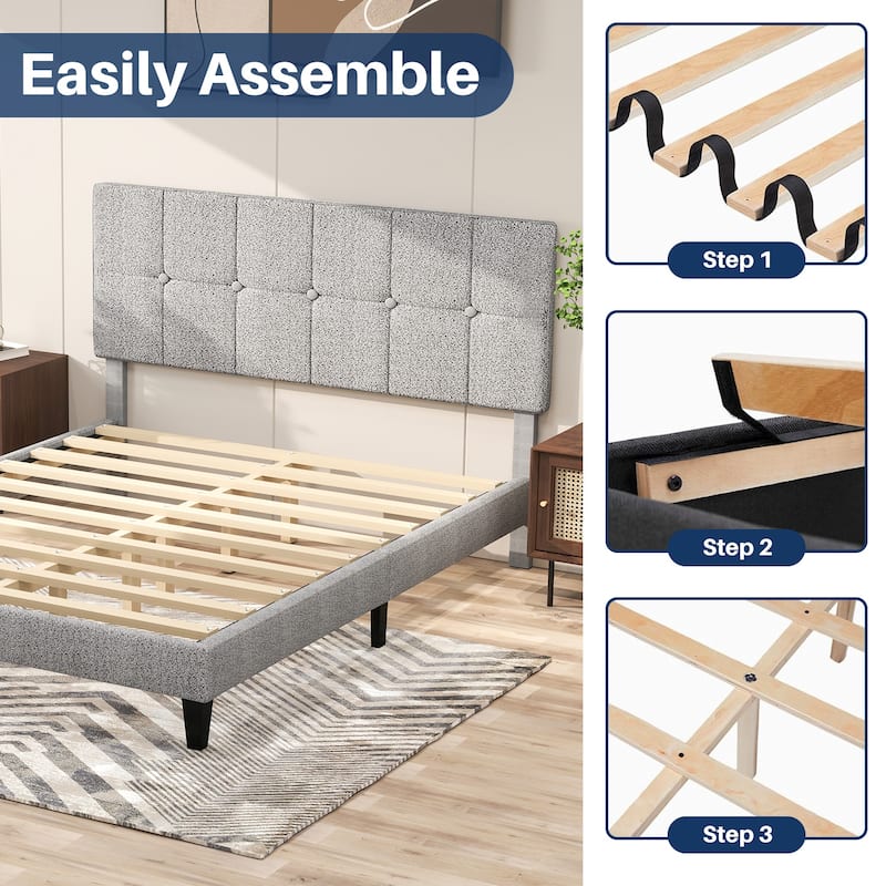 Linen Upholstered Platform Bed Wood Bed Frame with Headboard, No Box Spring Needed, Noise Free, T/F/Q Size