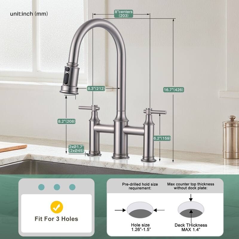 WOWOW Double Handle Pull Down Sprayer Bridge Kitchen Faucet
