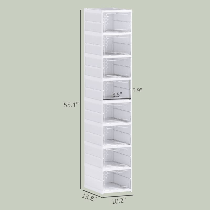 White PP ABS 8-Tier Foldable Shoe Organizer with Clear Doors - 10.2" W x 13.8" D x 55.1" H