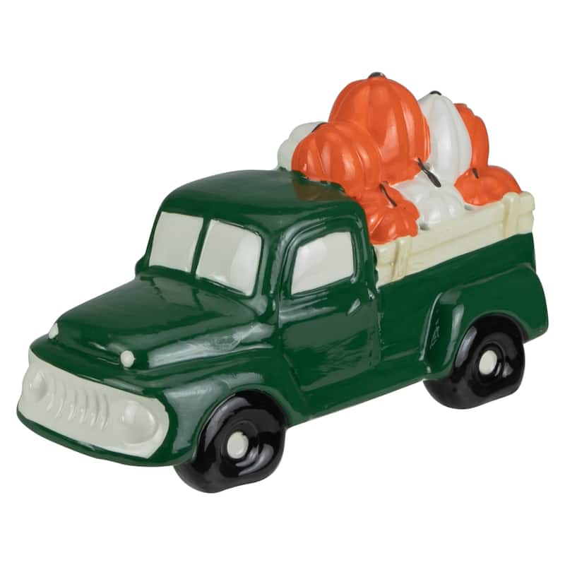 9.5" LED Green Ceramic Truck Hauling Pumpkins Autumn Harvest Decor