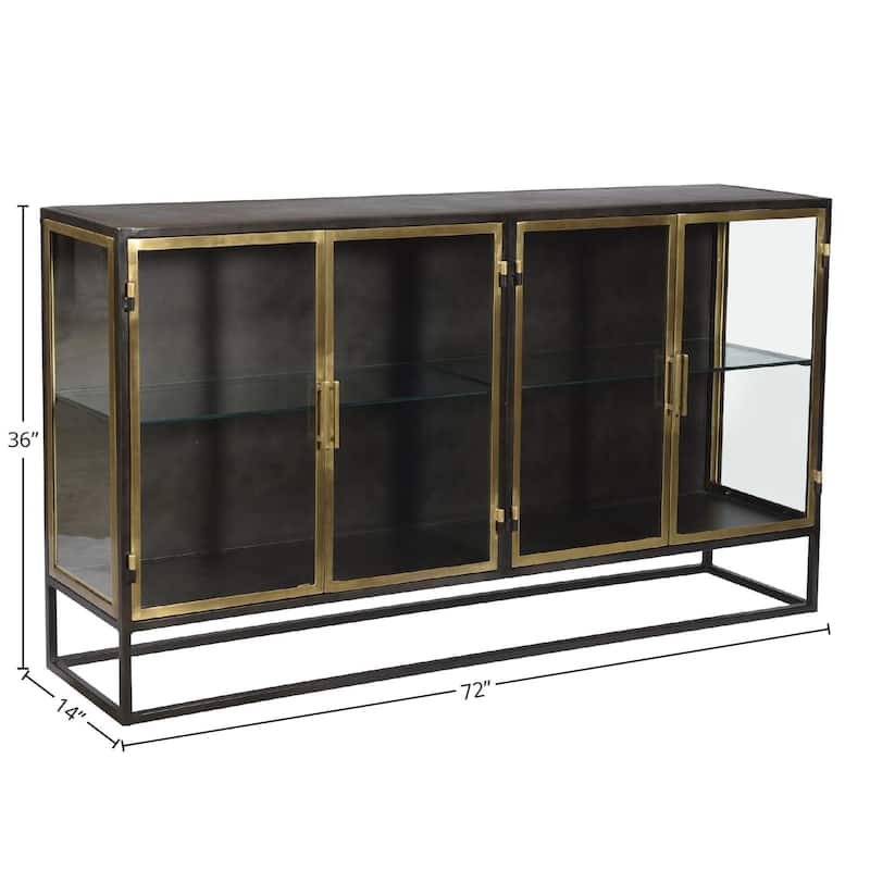 Brynlee 72" Gunmetal and Brass Finished Iron and Glass 4-Door Sideboard