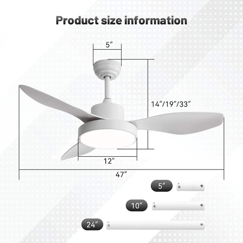 47" Ceiling Fan with LED Light and Remote Control 6 Speeds - White