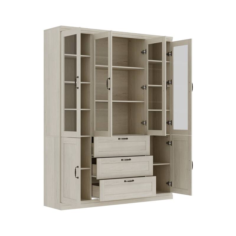 Bookcase Cabinet with Glass Doors and Drawers Multi-Purpose Storage Display Hutch for Living Room or Dining Room
