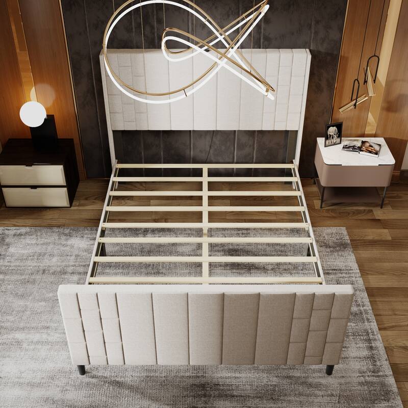Upholstered Bed Frame with USB Port, Platform Bed with Headboard and Footboard Queen Size