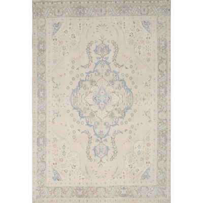 Hand Knotted Oriental 100% Wool Carpet Traditional Floral Beige & Ivories Tabriz Area Rug - 12' 6'' X 9' 9''