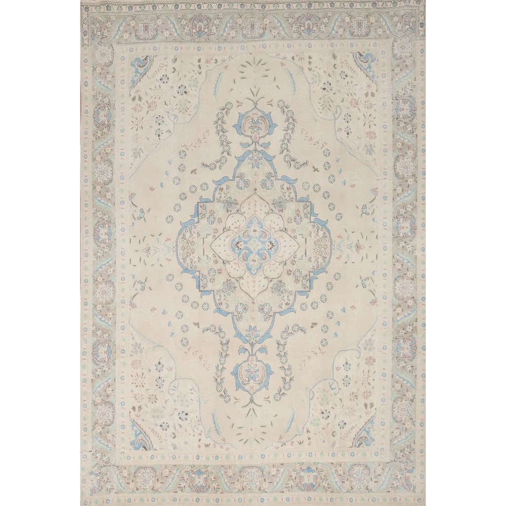 Hand Knotted Oriental 100% Wool Carpet Traditional Floral Beige & Ivories Tabriz Area Rug - 12' 6'' X 9' 9''