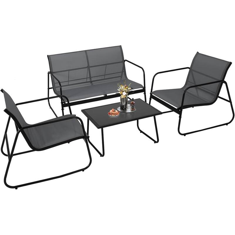 4-Piece Outdoor Patio Set – Steel Frame, Textilene Fabric & Tempered Glass Table for Balcony/Backyard - Grey