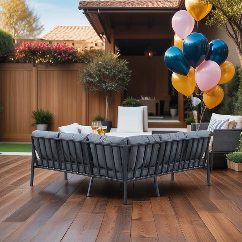 Rossio Outdoor 4 Piece Conversation Set,Aluminum Frame， Slatted Teak Wood Top