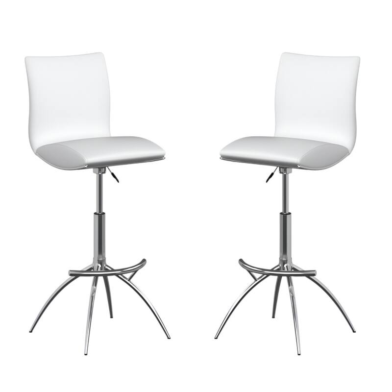 Set of 2 Contemporary Bar Stools with Faux Leather Saddle Seats and Adjustable Metal Base - 39”H x 17”W x 15”D
