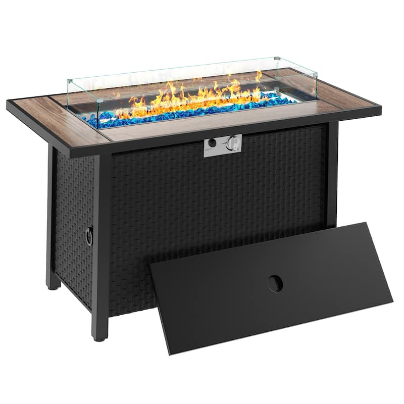 Outdoor 50000 BTU Propane Fire Pit Table with Glass Wind Guard - Walnut/Black