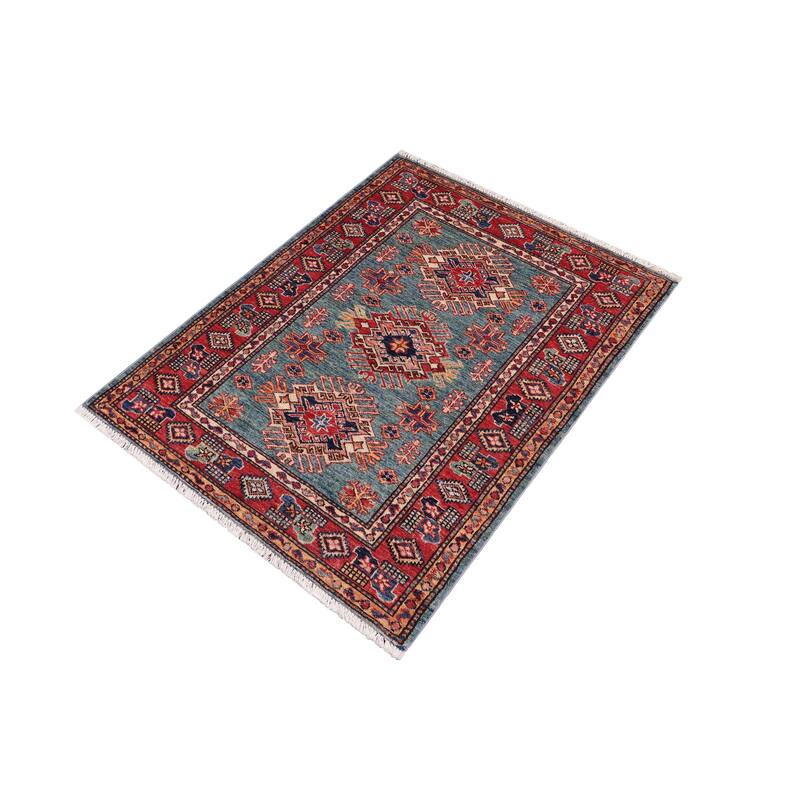Tribal Super Kazak Sage Green/Red Hand Knotted Wool Rug - 3'0'' x 4'0''