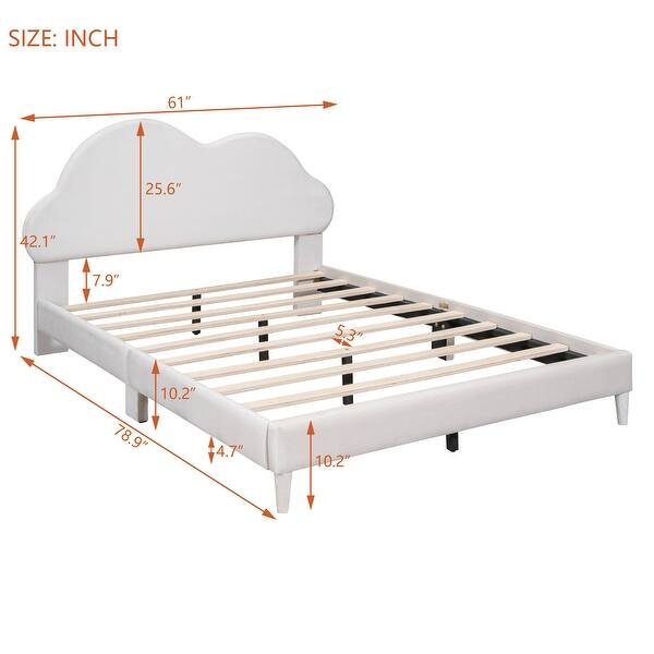 dimension image slide 2 of 4, Velvet Upholstered Bed with Cloud-Shape Headboard, Wood Platform Bed Frame for Boys Girls Easy Assembly, No Box Spring Needed