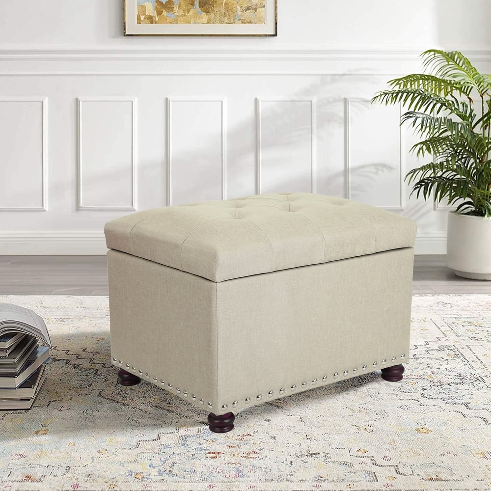 Adeco Classy Rectangle Storage Bench Natural Fabric Footstool Ottoman
