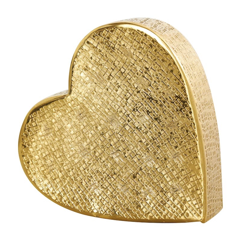 Gold or Silver Aluminum Metal Slanted Heart Sculpture with Cube Textured Exterior