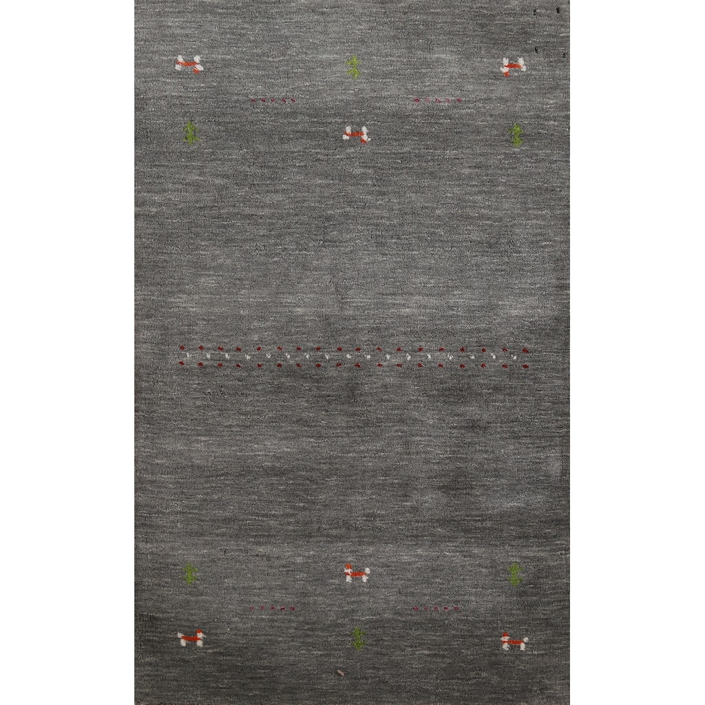 Hand Knotted Oriental 100% Wool Carpet Tribal Animal Pictorial Greys & Charcoal Gabbeh Area Rug - 4' 10'' X 3' 0''