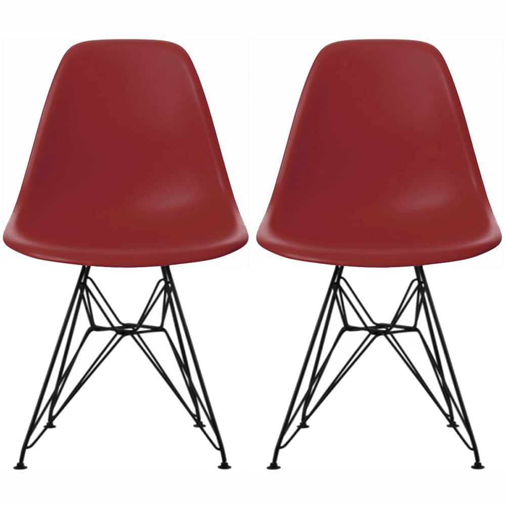 Set of 2 Mid-Century Modern Dining Side Chairs Armless Plastic Shell Seat with Black Metal Wire Eiffel Base, White