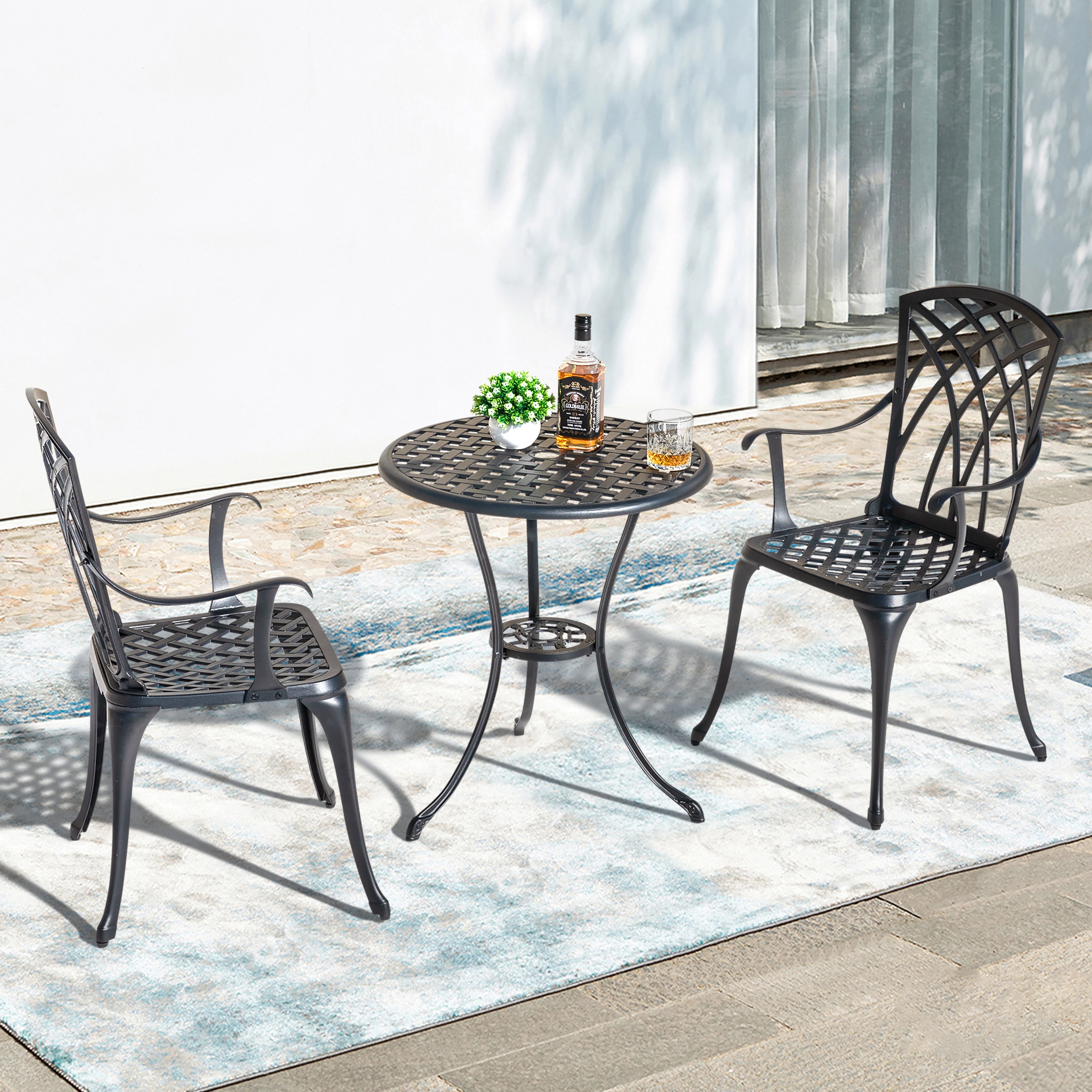 Nuu Garden 24 Inch Cast Aluminum Bistro Table with Umbrella Hole and 2 Bistro Chairs