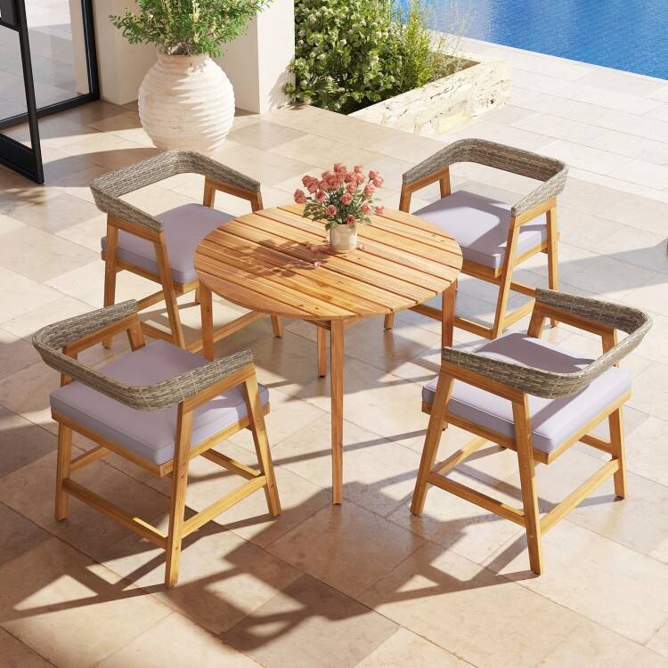 Grey Rattan Wood 5 Piece Round Patio Dining Set with Cushions - Table: 36" x 28"