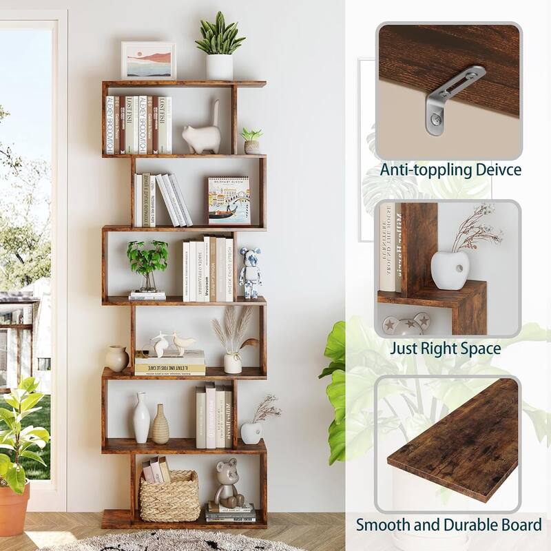 S-Shaped Bookshelf, Black Geometric Bookcase for Home & Office