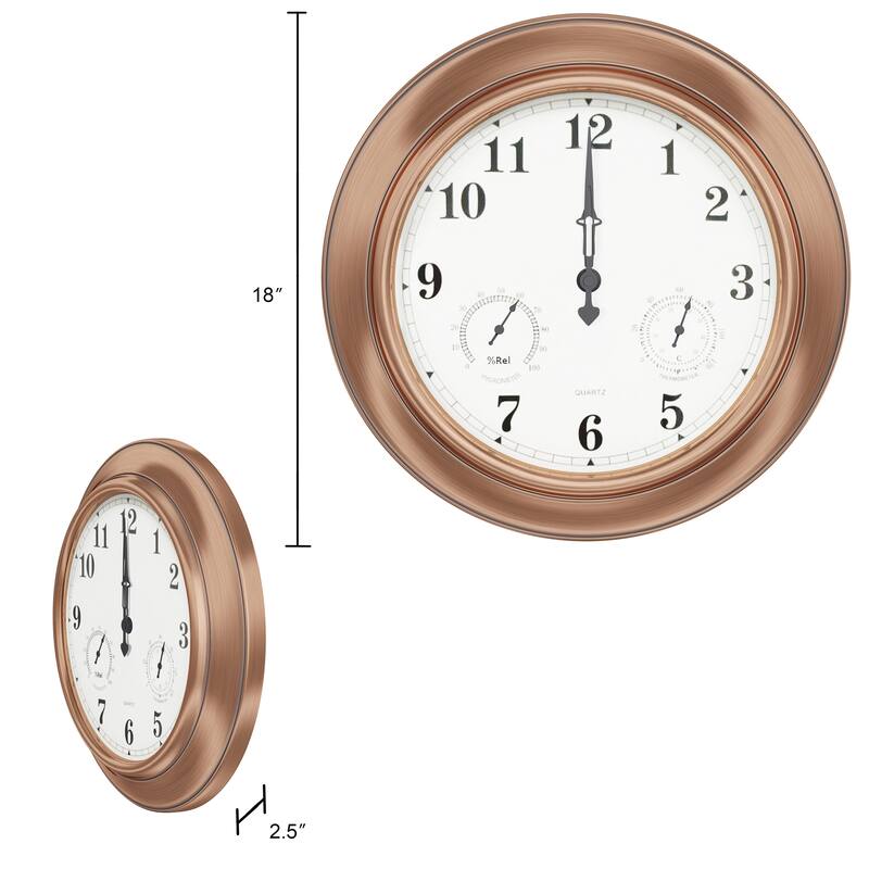 Indoor Outdoor Clock Thermometer Combo - 18-Inch Waterproof Outdoor Wall Clock with Temperature and Humidity by Nature Spring