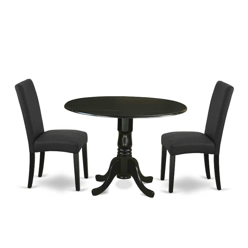 Contemporary Round Dining Table Set - 3pc 42" Table w/ Drop Leaves & 2 Parsons Chairs - Chic Black Finish
