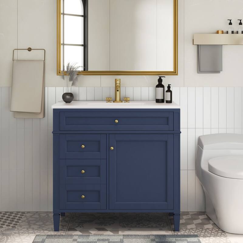 Modern Bathroom Vanity with Amber Storage, Ceramic Sink, 3 Drawers, Tip-Out Drawer, and Concealed Storage