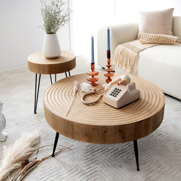 slide 2 of 7, COZAYH 2-Piece Farmhouse Living Room Coffee Table Set, Nesting Coffee Table Round Natural Wood Finish Ring Pattern