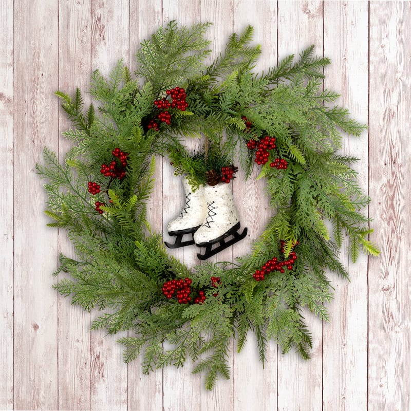National Tree Company 22 in. Artificial Winter Skates Christmas Wreath with Red Berries and White Skates - 22 in